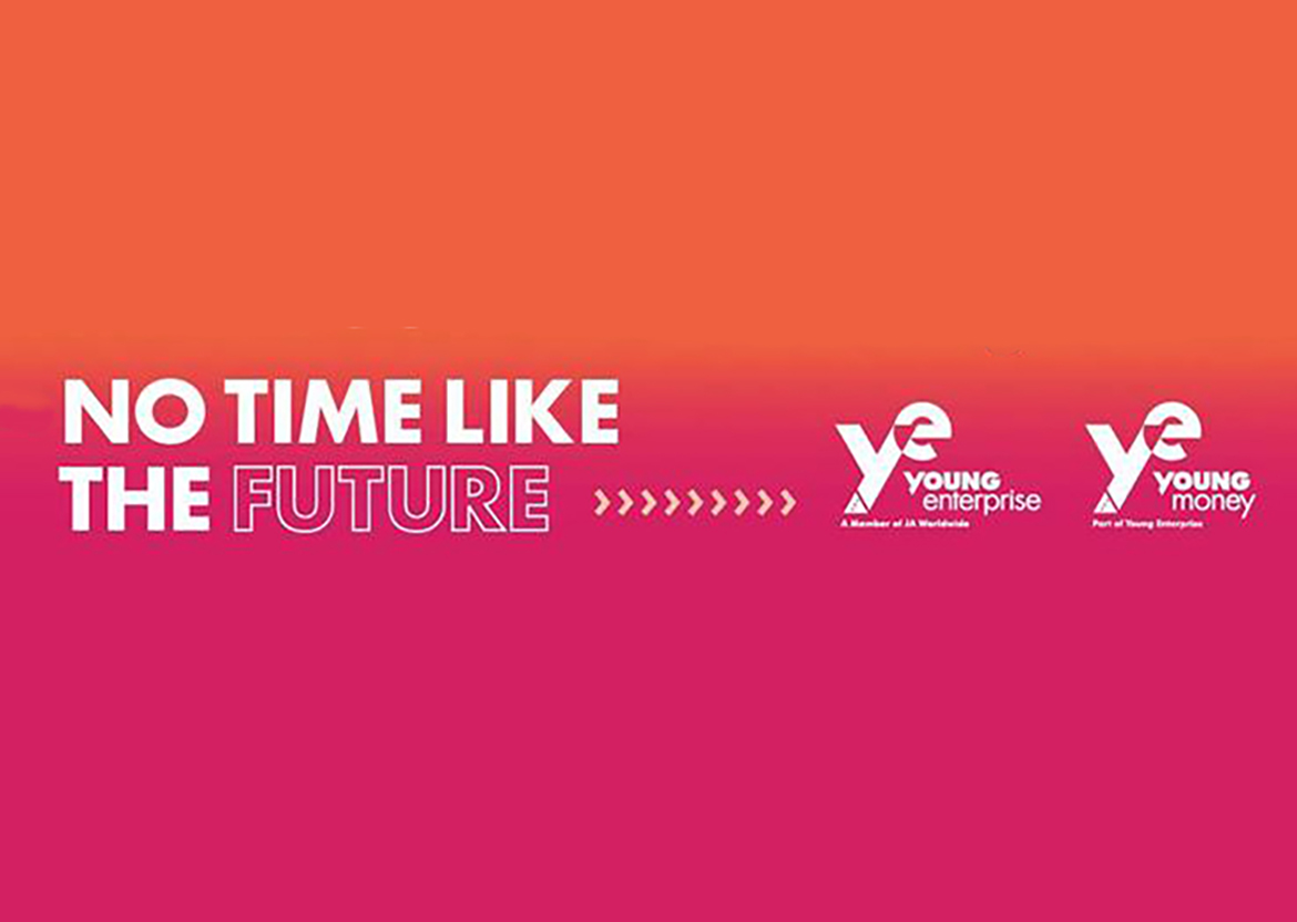 No Time Like The Future written on an orange/pink background, alongside the Young Enterprise and Young Money logos