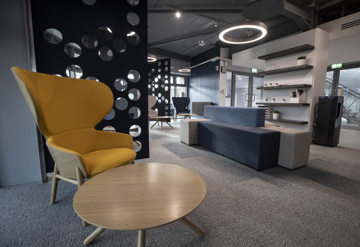 Modern lounge area with seating inside UKSE's Kirkleatham Innovation Centre in Redcar